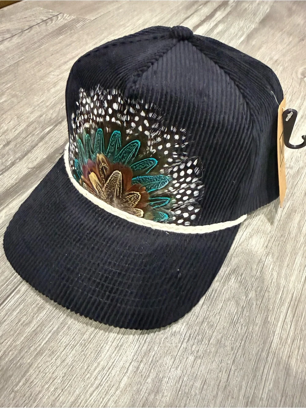 Men's Black Corduroy Cap with Feather Embroidery